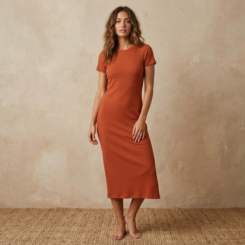 Free People FP Beach Rust Orange Ribbed Midi Dress Short Sleeve Small USA